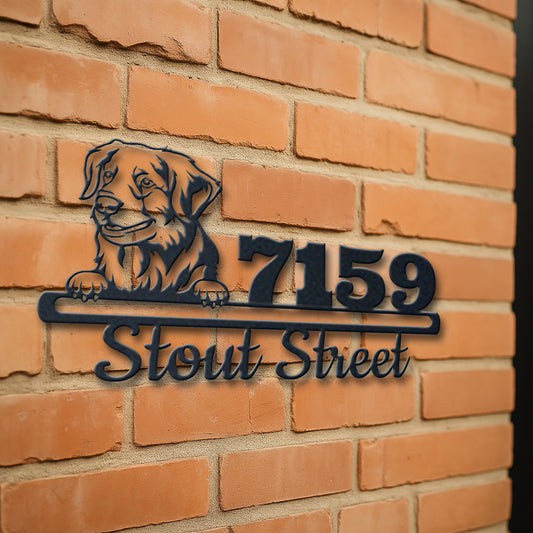 Personalized nova scotia duck toller address sign with house number and street name in metal - product view 3