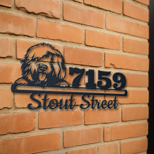 Personalized old english sheepdog address sign with house number and street name in metal - product view 3