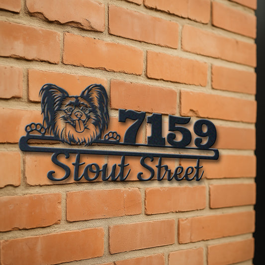 Personalized papillon address sign with house number and street name in metal - product view 3