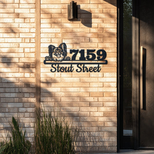 Personalized papillon address sign with house number and street name in metal - product view 4
