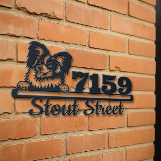 Personalized papillon address sign with house number and street name in metal - product view 3