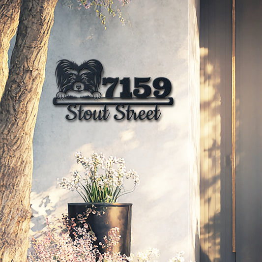 Personalized papilon address sign with house number and street name in metal