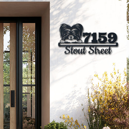 Personalized papilon address sign with house number and street name in metal - product view 2