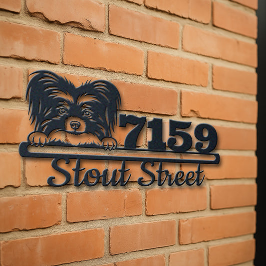 Personalized papilon address sign with house number and street name in metal - product view 3