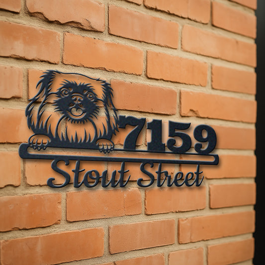 Personalized pekingese address sign with house number and street name in metal - product view 3
