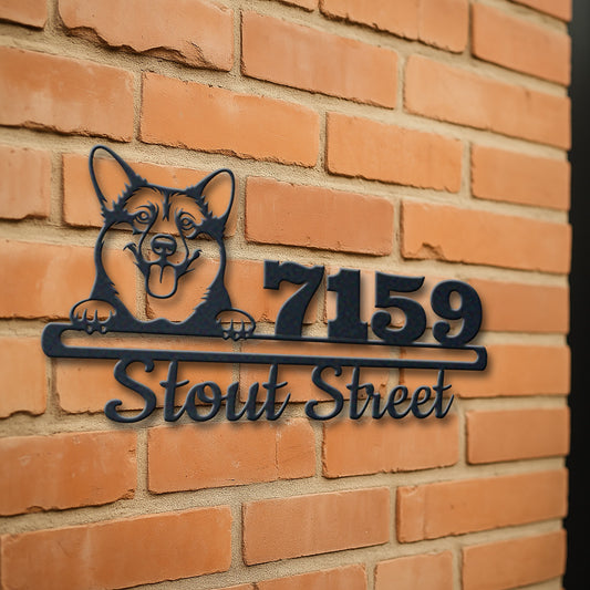 Personalized pembroke welsh corgi address sign with house number and street name in metal - product view 3