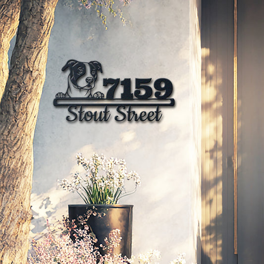 Personalized pit bull address sign with house number and street name in metal