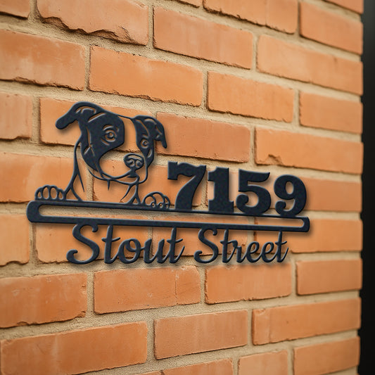 Personalized pit bull address sign with house number and street name in metal - product view 3