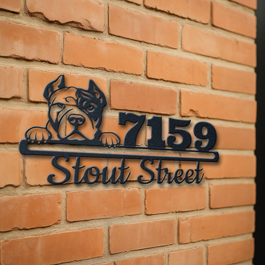 Personalized pit bull address sign with house number and street name in metal - product view 3