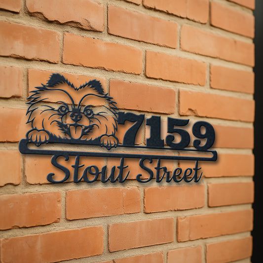 Personalized pomeranian address sign with house number and street name in metal - product view 3