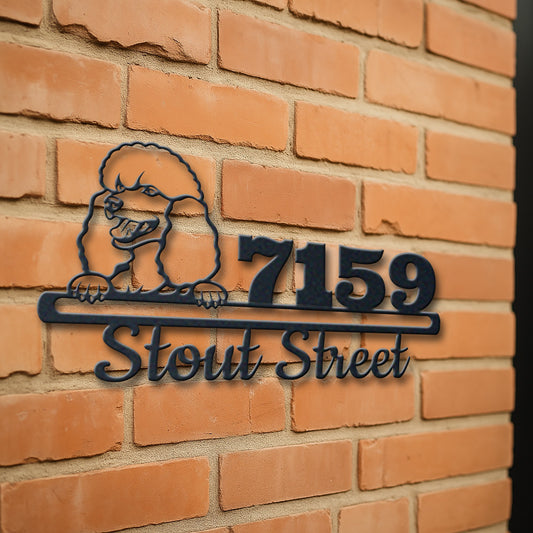 Personalized poodle address sign with house number and street name in metal - product view 3