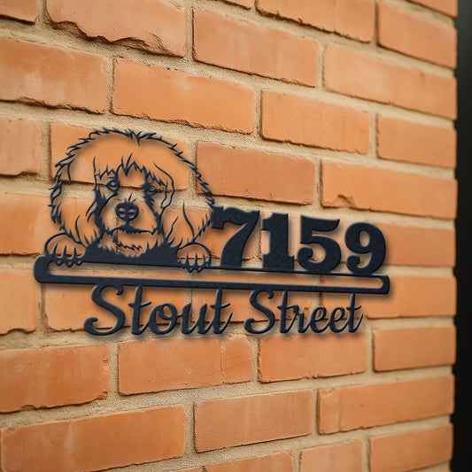 Personalized poodle address sign with house number and street name in metal - product view 3