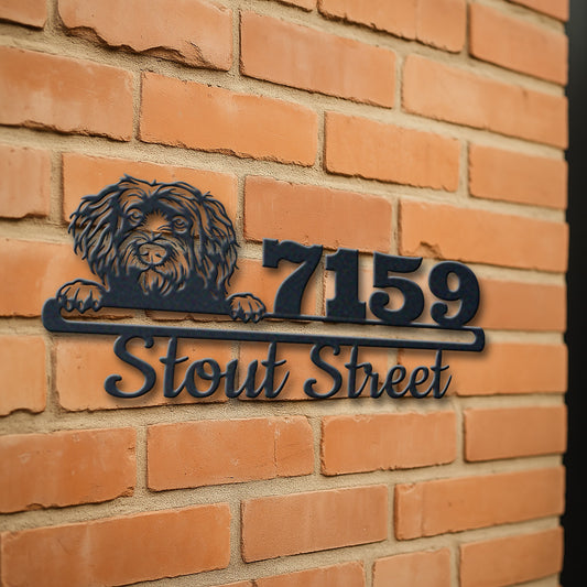 Personalized portuguese water dog 2 address sign with house number and street name in metal - product view 3