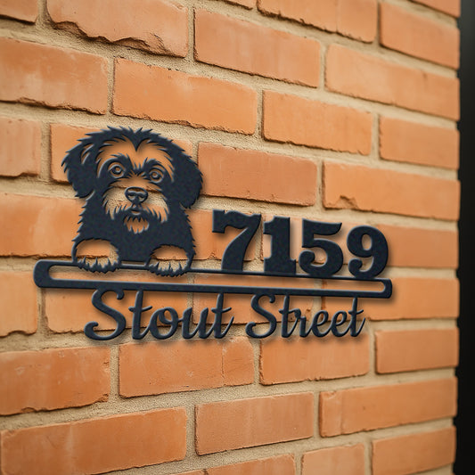 Personalized portuguese water dog address sign with house number and street name in metal - product view 3