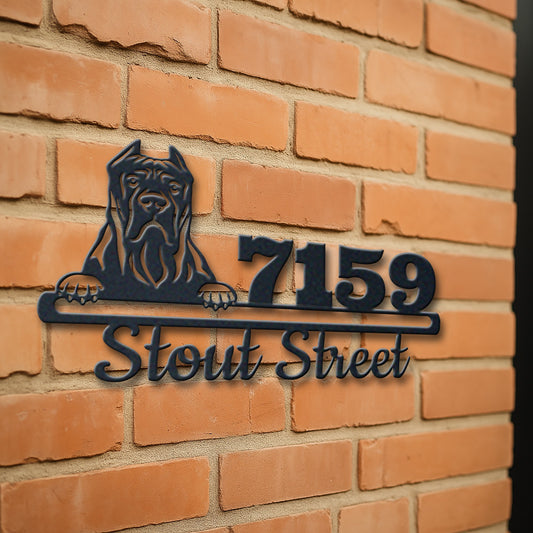 Personalized presa canario address sign with house number and street name in metal - product view 3