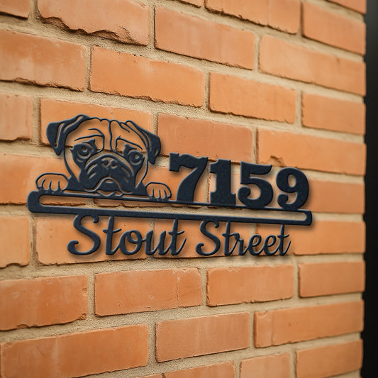 Personalized pug address sign with house number and street name in metal - product view 3