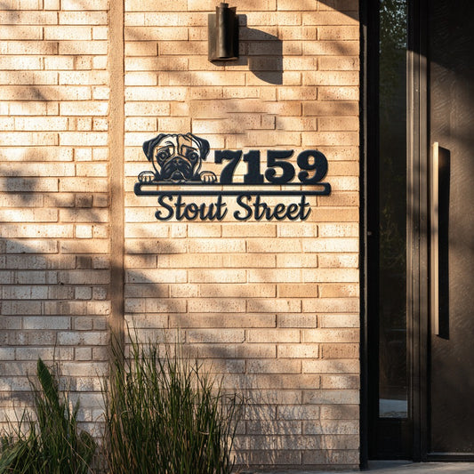 Personalized pug address sign with house number and street name in metal - product view 4