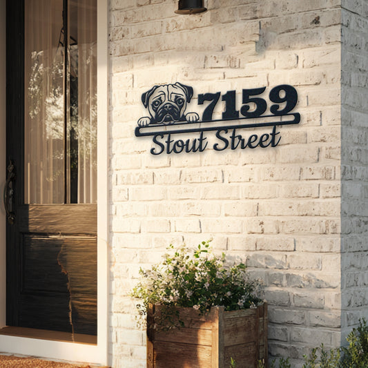 Personalized pug address sign with house number and street name in metal - product view 5