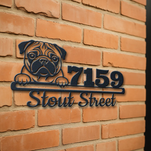 Personalized pug address sign with house number and street name in metal - product view 3
