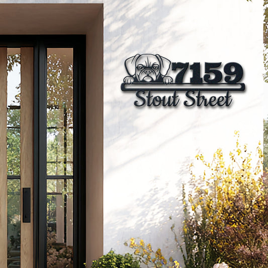 Personalized puggle address sign with house number and street name in metal - product view 2