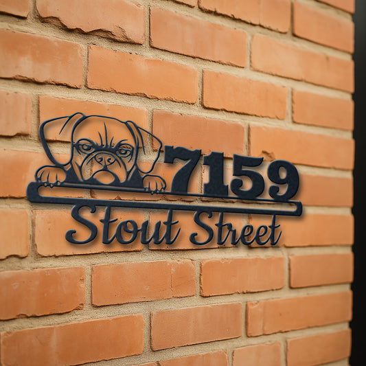 Personalized puggle address sign with house number and street name in metal - product view 3