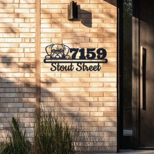 Personalized puggle address sign with house number and street name in metal - product view 4