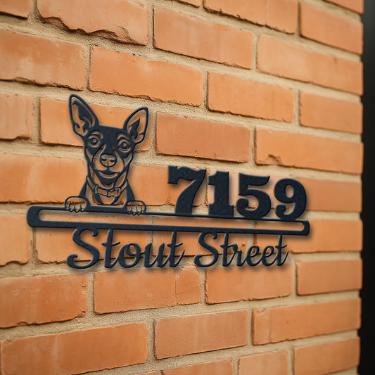 Personalized rat terrier address sign with house number and street name in metal - product view 3