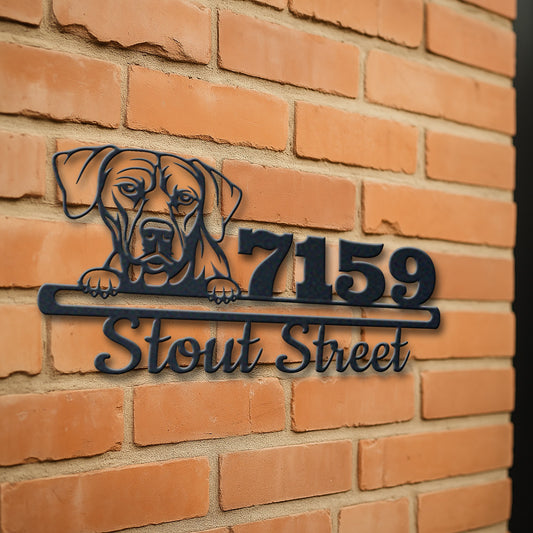 Personalized rhodesian ridgeback address sign with house number and street name in metal - product view 3