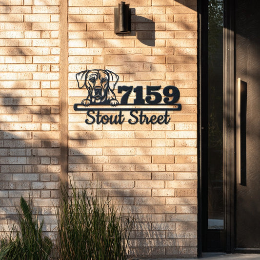 Personalized rhodesian ridgeback address sign with house number and street name in metal - product view 4