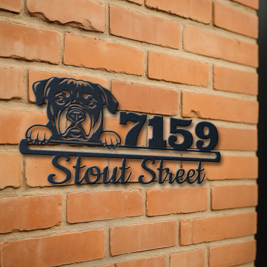 Personalized rottweiler address sign with house number and street name in metal - product view 3