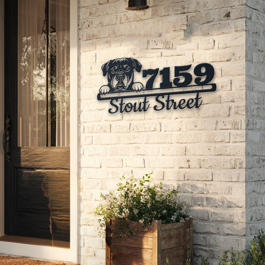 Personalized rottweiler address sign with house number and street name in metal - product view 5