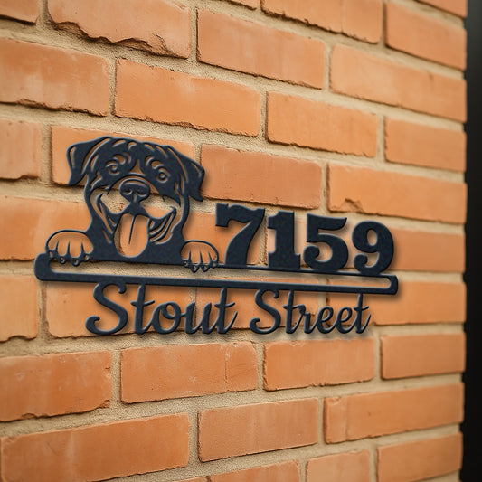 Personalized rottweiler address sign with house number and street name in metal - product view 3
