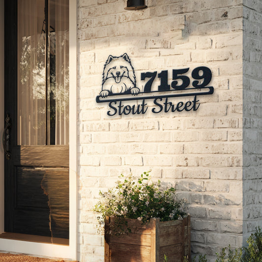 Personalized samoyed address sign with house number and street name in metal - product view 5