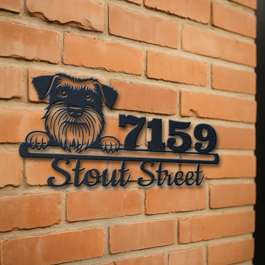Personalized schnauzer address sign with house number and street name in metal - product view 3