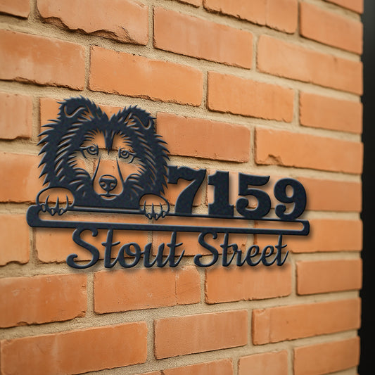 Personalized shetland sheepdog address sign with house number and street name in metal - product view 3