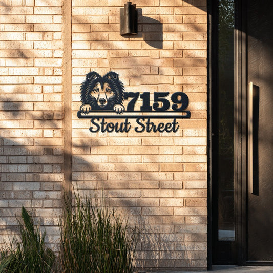Personalized shetland sheepdog address sign with house number and street name in metal - product view 4