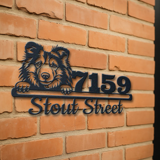 Personalized shetland sheepdog 3 address sign with house number and street name in metal - product view 3