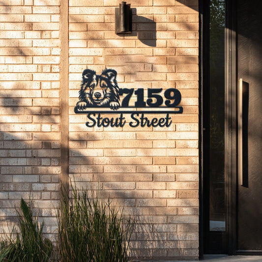 Personalized shetland sheepdog 3 address sign with house number and street name in metal - product view 4