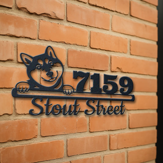 Personalized shiba inu address sign with house number and street name in metal - product view 3