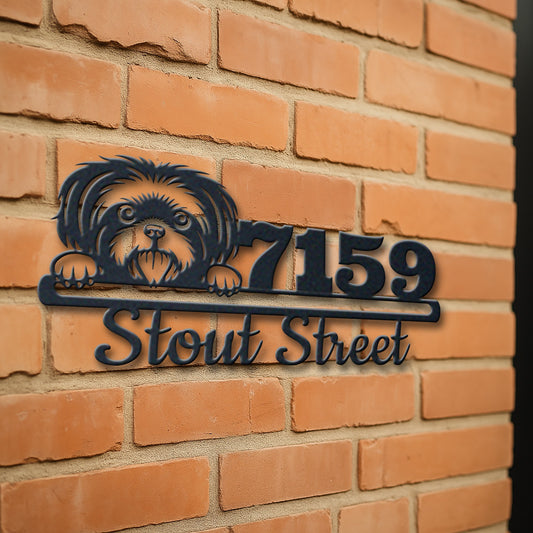 Personalized shih tzu address sign with house number and street name in metal - product view 3