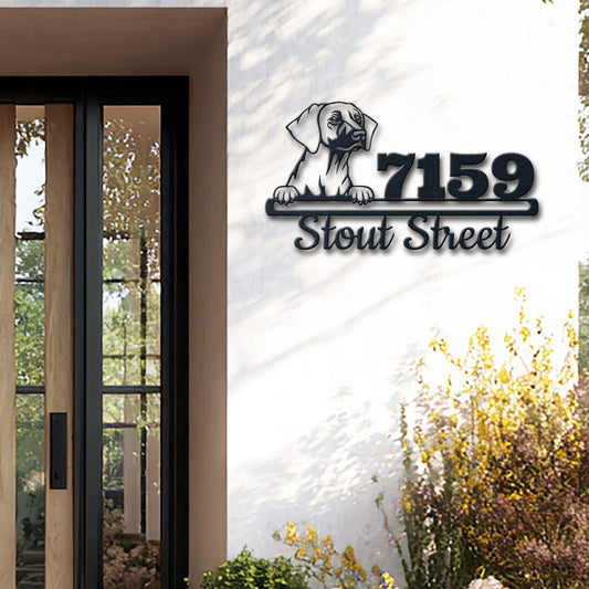 Personalized southern hound address sign with house number and street name in metal - product view 2