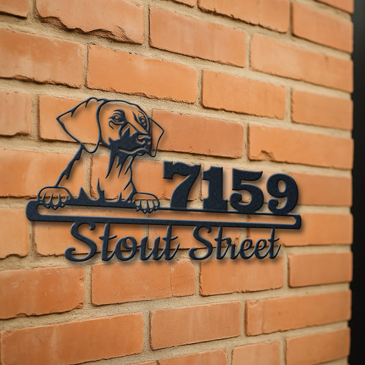Personalized southern hound address sign with house number and street name in metal - product view 3