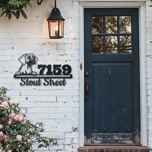 Personalized southern hound address sign with house number and street name in metal - product view 6