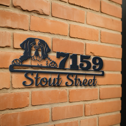 Personalized st. bernard address sign with house number and street name in metal - product view 3