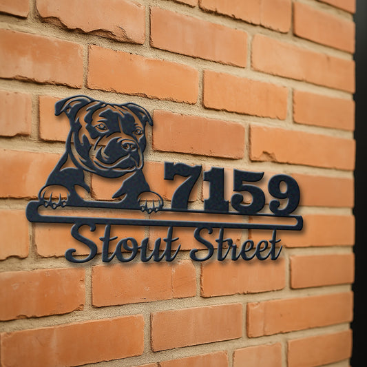 Personalized staffordshire bull terrier address sign with house number and street name in metal - product view 3
