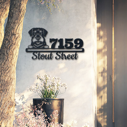 Personalized standard schnauzer address sign with house number and street name in metal