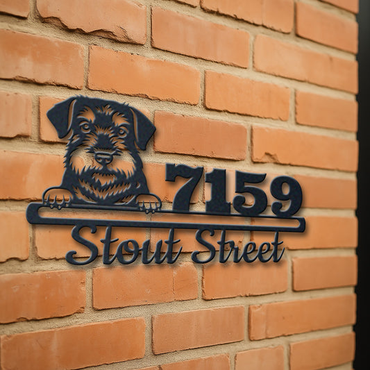 Personalized standard schnauzer address sign with house number and street name in metal - product view 3