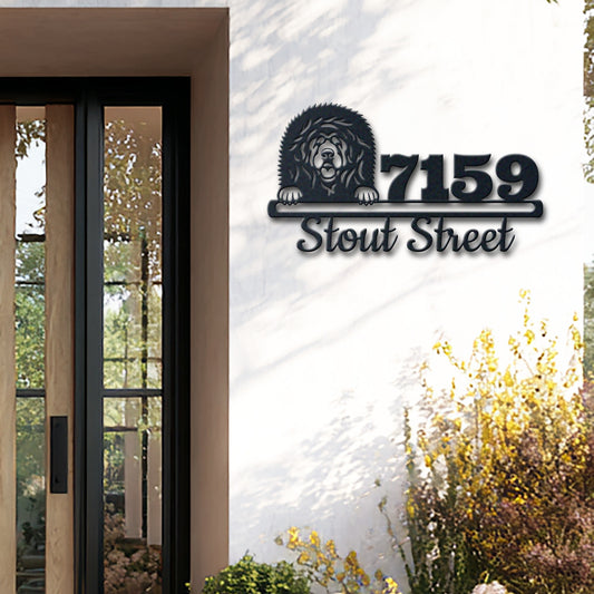 Personalized tibetan mastiff address sign with house number and street name in metal - product view 2