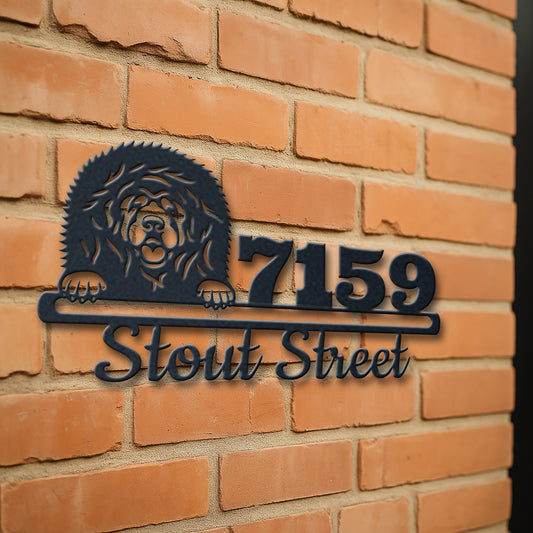Personalized tibetan mastiff address sign with house number and street name in metal - product view 3