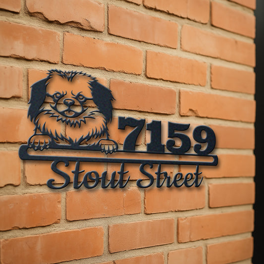 Personalized tibetan spaniel address sign with house number and street name in metal - product view 3